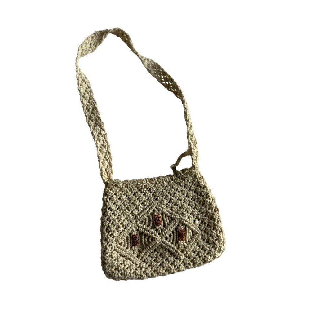 Vintage C & B Handwoven Crochet Crossbody Bag With Patterned Accents Beige & Bro